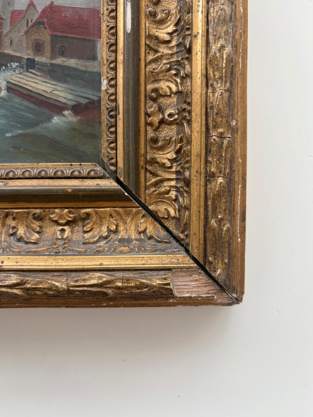 Antique European Harbor Scene with Lighthouse & Steamship