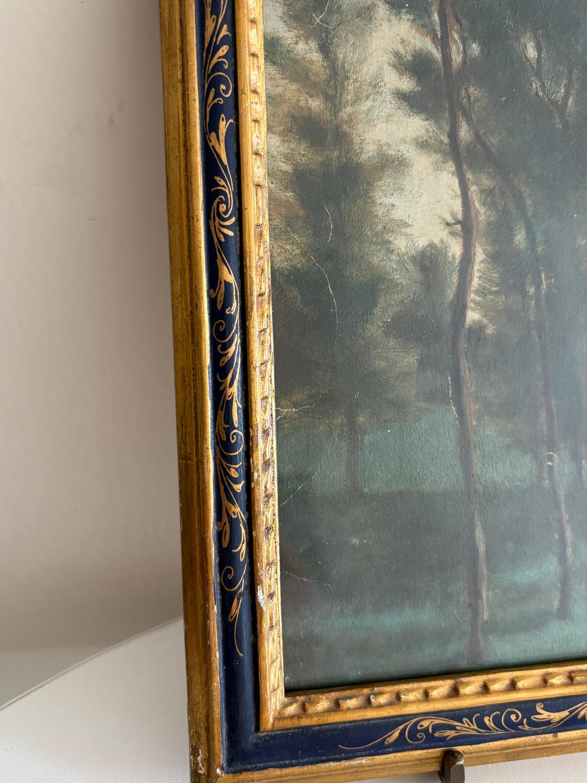 Antique Oil on Paper Woodland Landscape in Blue and Gold Frame