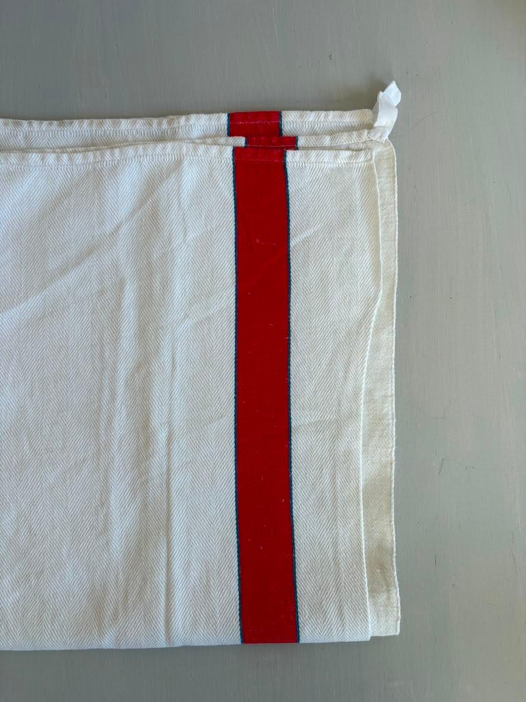 Vintage French Cotton Torchon, Red & Blue Stripe Tea Towel