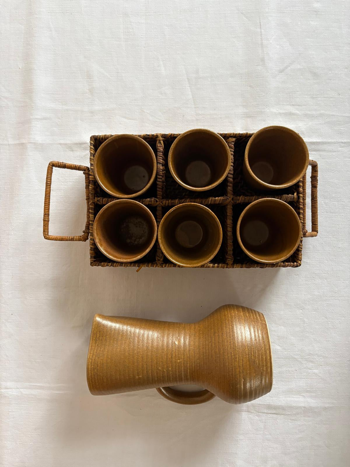 Vintage Digoin Stoneware Pitcher and 6 Cups with Woven Basket Tray