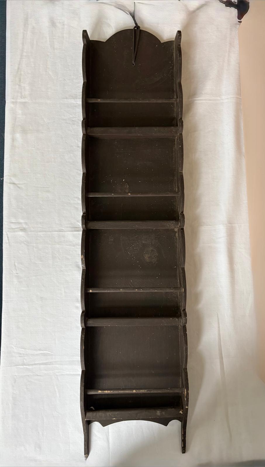 Vintage French Narrow Wall Shelf, Dark Painted Wood Display Rack