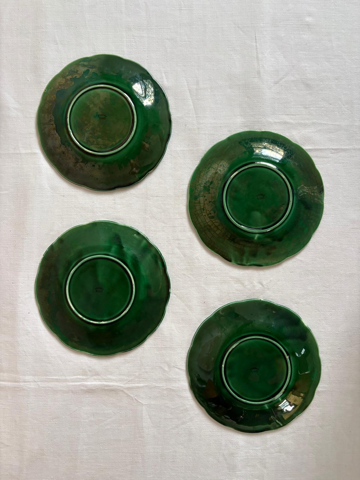 Set of 4 Vintage Gien France Green Majolica Leaf Plates