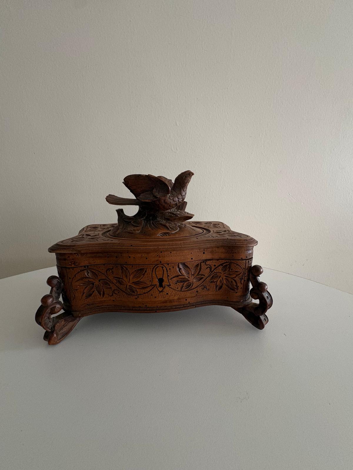 Antique Swiss Black Forest Carved Wood Jewelry Box with Bird Finial, circa 1890 - Collector & Curator
