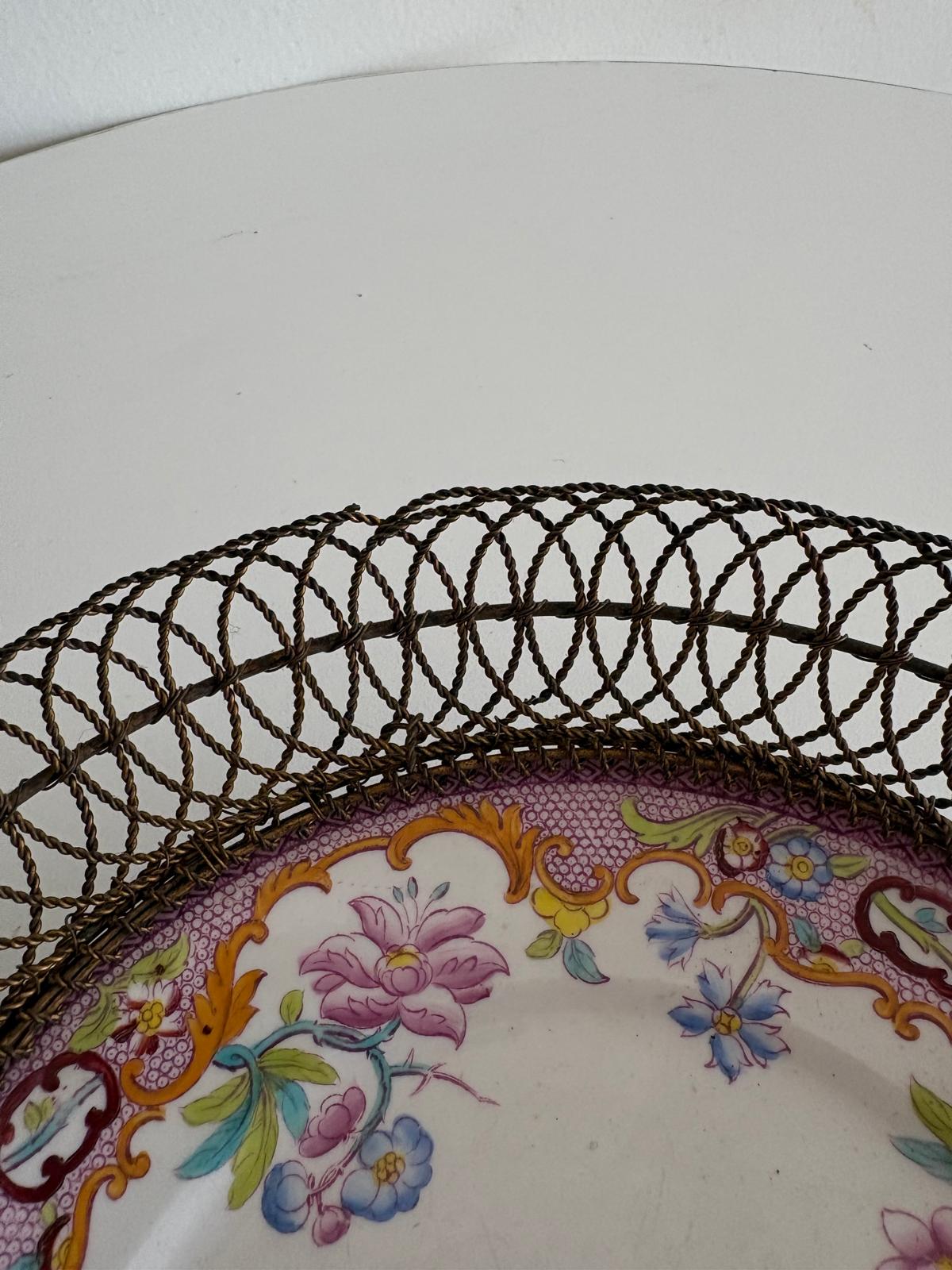 Antique Floral Porcelain Plate in Twisted Wire Basket - Collector & Curator