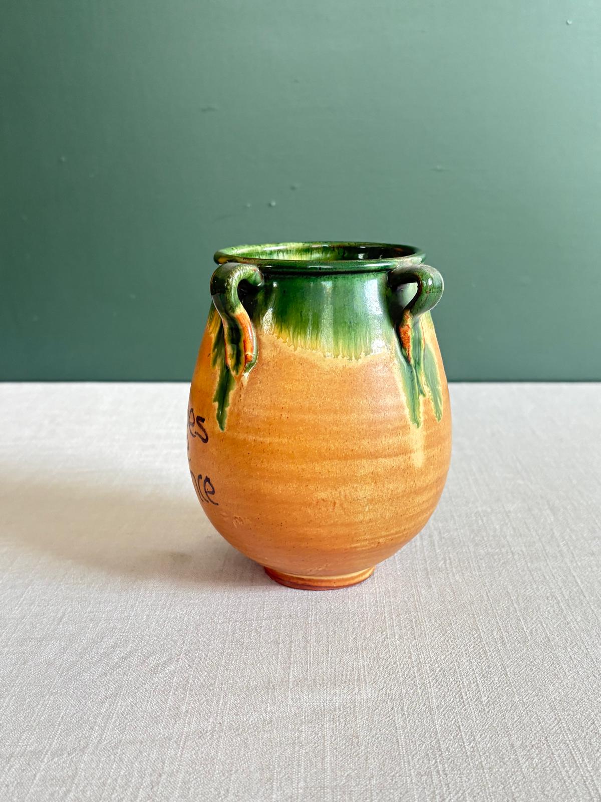 Vintage French Provençal “Herbes de Provence” Terracotta Pot with Green Glaze & Four Handles