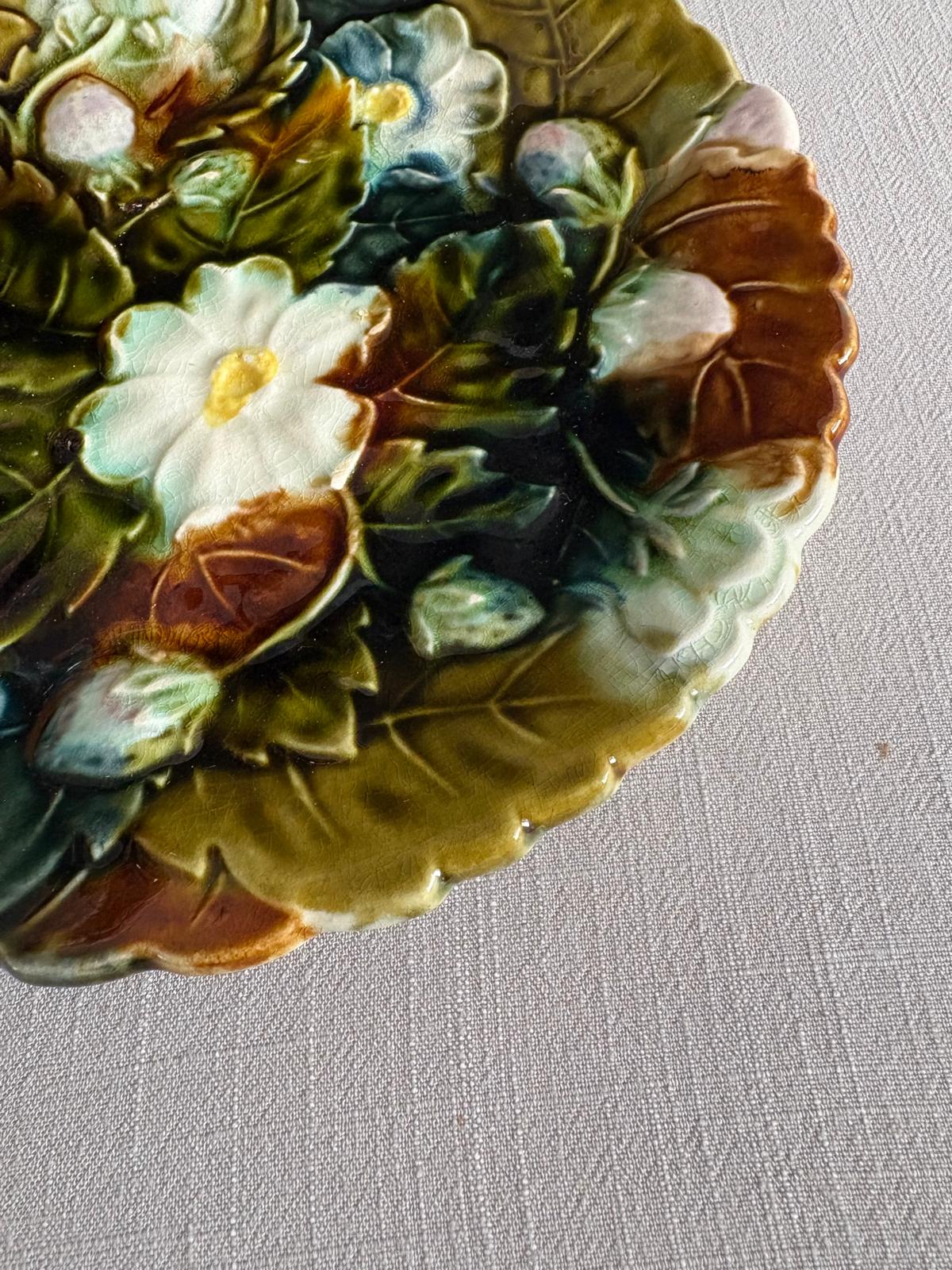 Antique French Majolica Strawberry Plate Barbotine "D"