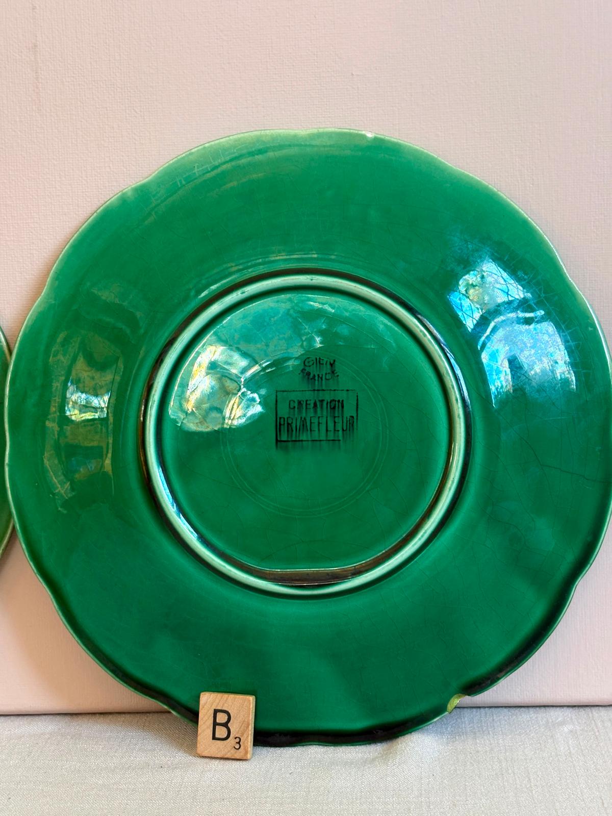 Vintage Gien France Green Majolica Leaf Plate "B"
