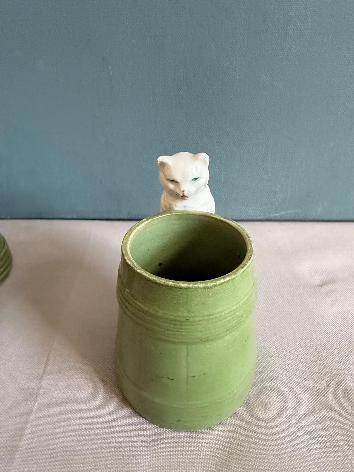Antique French Ceramic Cat Condiment Set