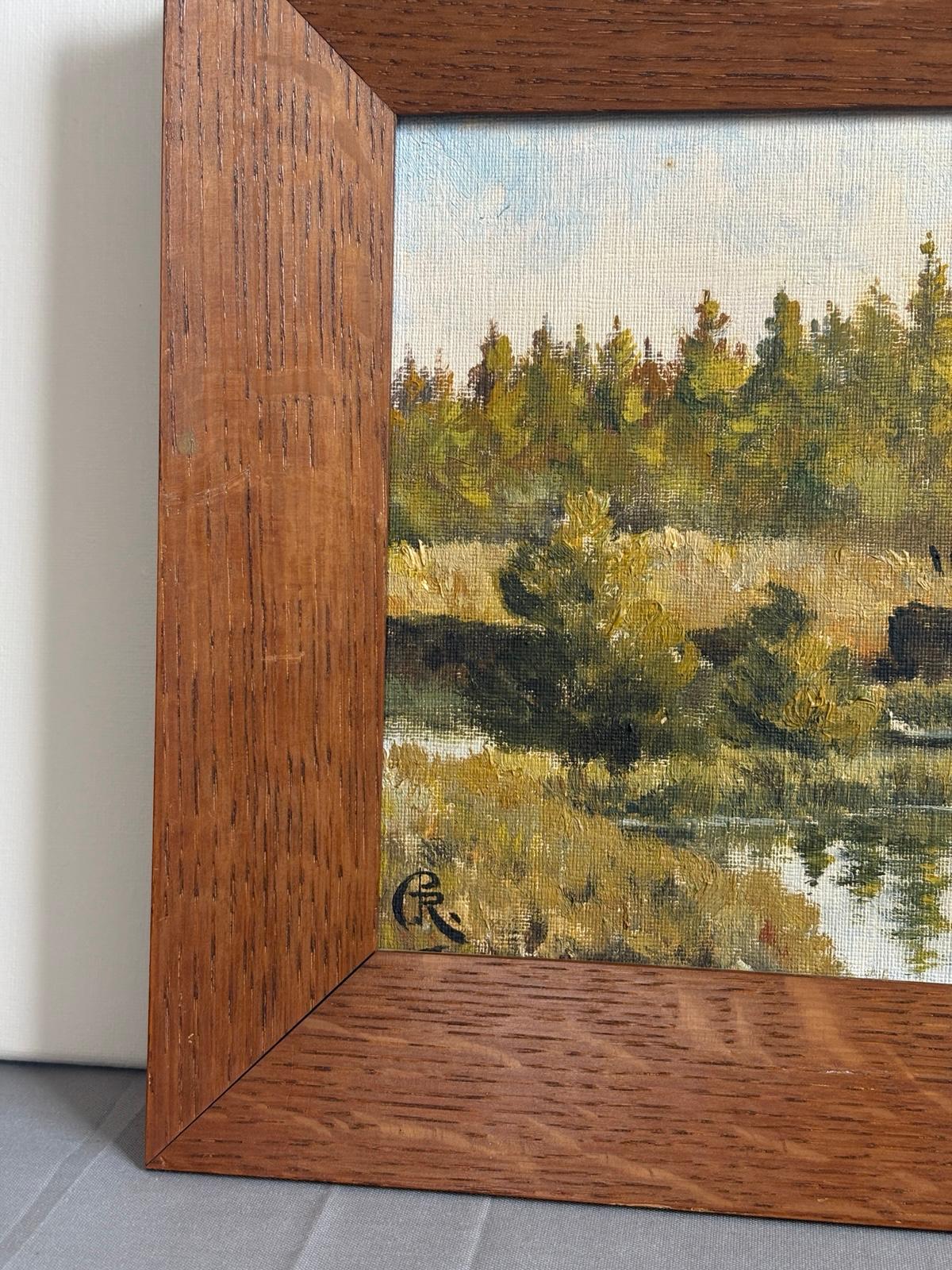 Vintage Signed Landscape Oil Painting of Woodland Pond - Collector & Curator