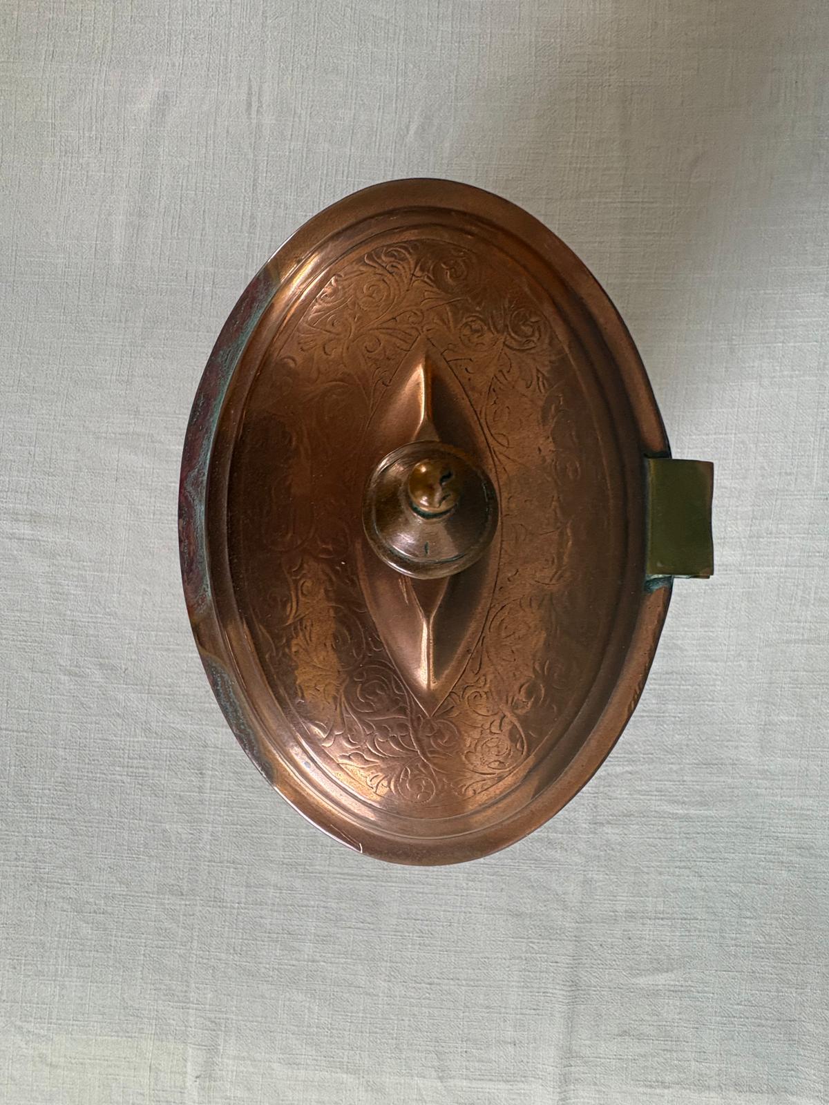 Engraved Copper Brazier Charbonnière with Lid and Handles - Collector & Curator