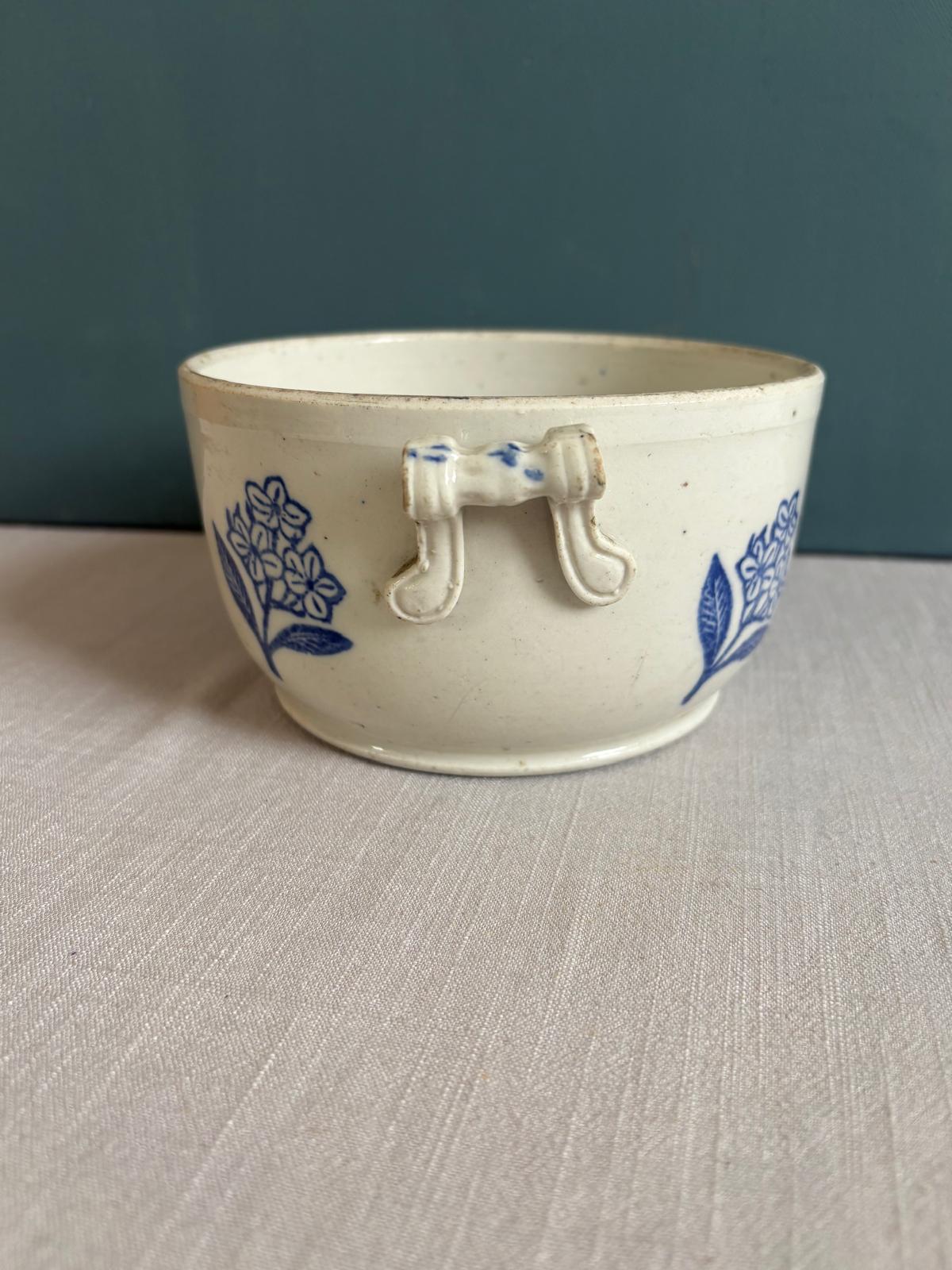 Antique Saint-Uze Handled Bowl with Blue Floral Motif - Collector & Curator