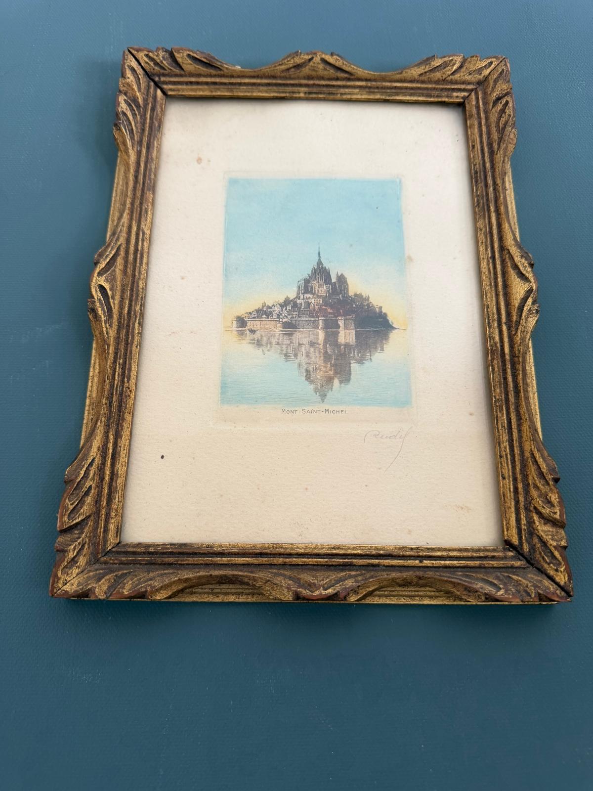 French Champagne Bottle Mustard Jar "C"; Dog Sketch in Gold Wood Frame; Vintage Signed Reidel Hand Colored Etching of Mont Saint Michel - Collector & Curator