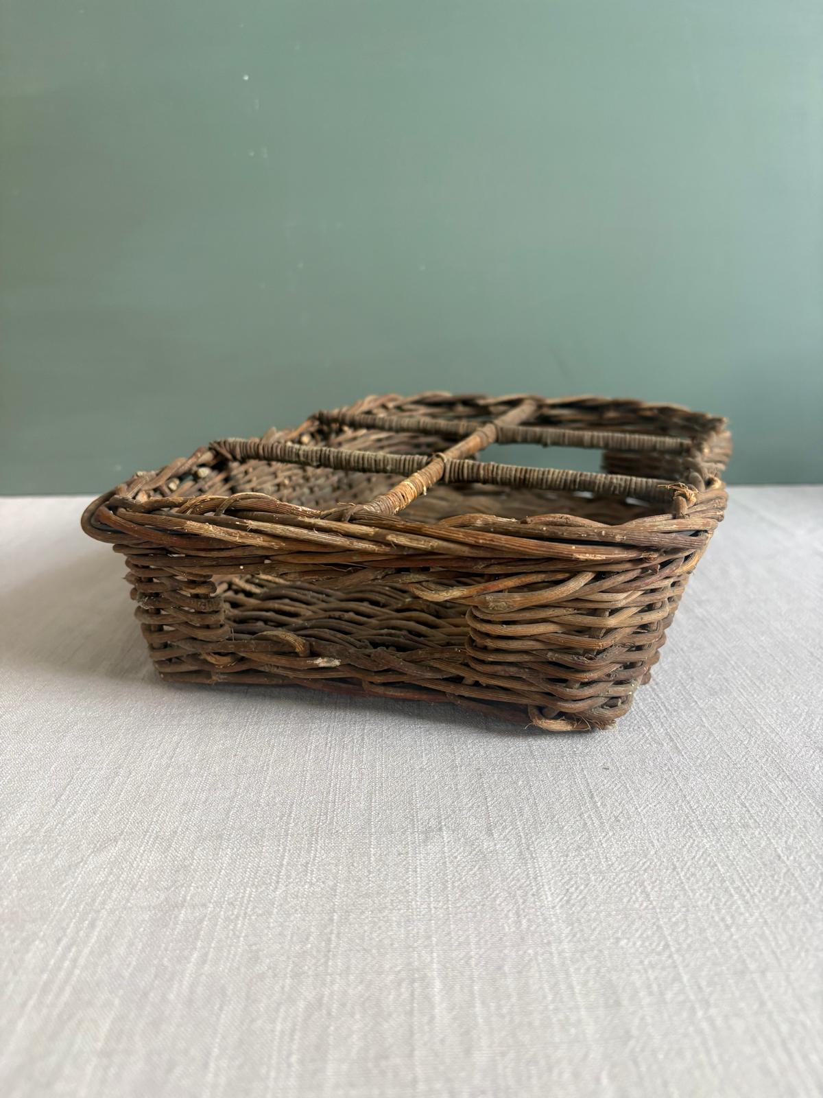 Antique Double Salt Cellar with Glass Bowls, 8 Vintage Ribbed Footed Soda Fountain Glasses, Vintage French Woven Willow Basket Tray