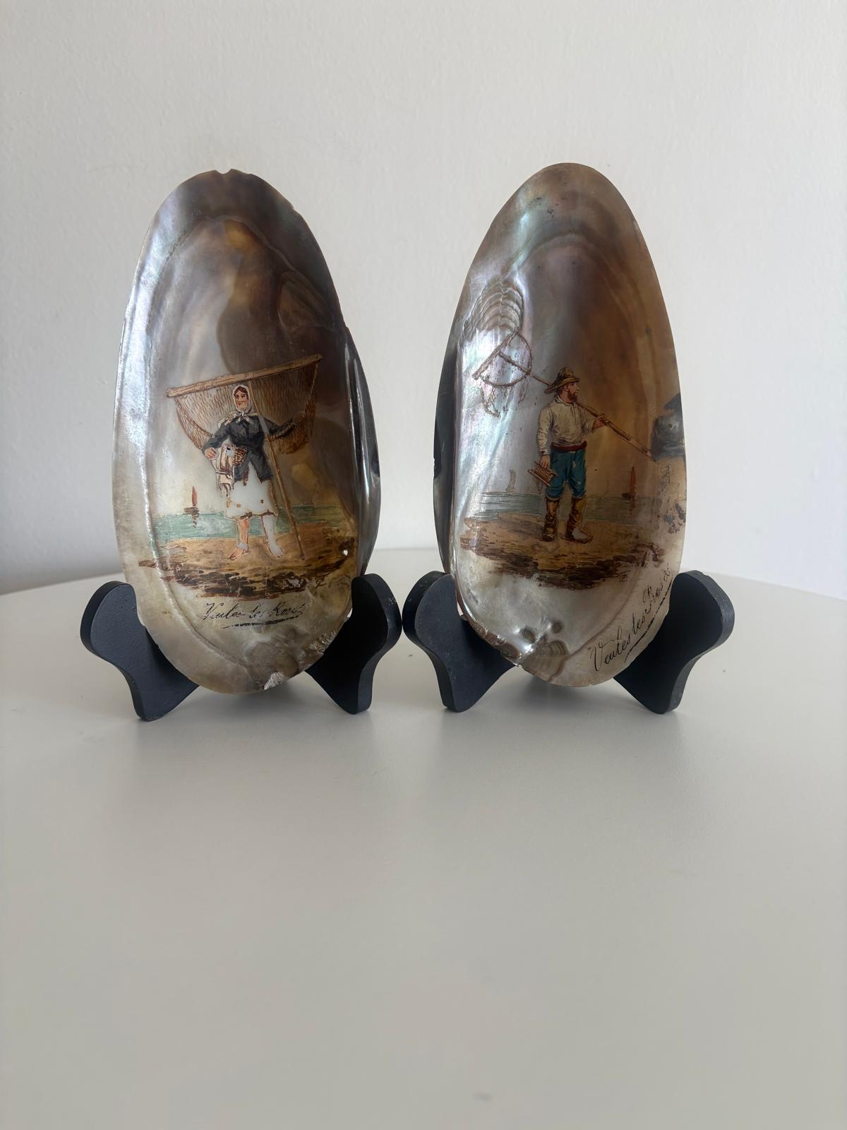 Antique French Hand Painted Mother-of-Pearl Shells /Veules-les-Roses Normandy Fisherman Pair