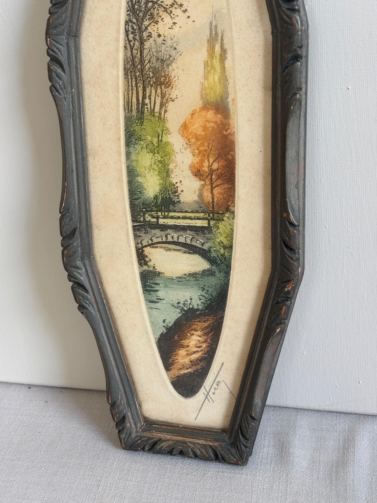 Antique French Hand-Colored Engraving, Woodland Bridge Landscape