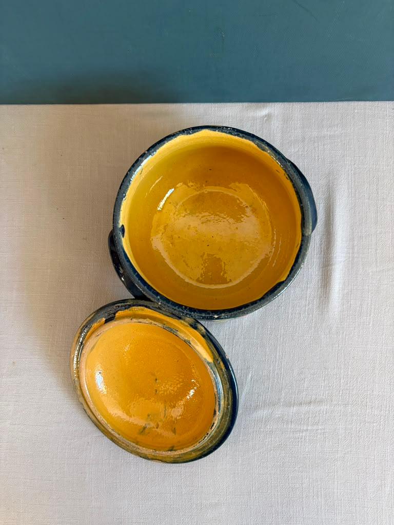 Vintage French Alsatian Blue Floral Pottery Covered Pot - Collector & Curator