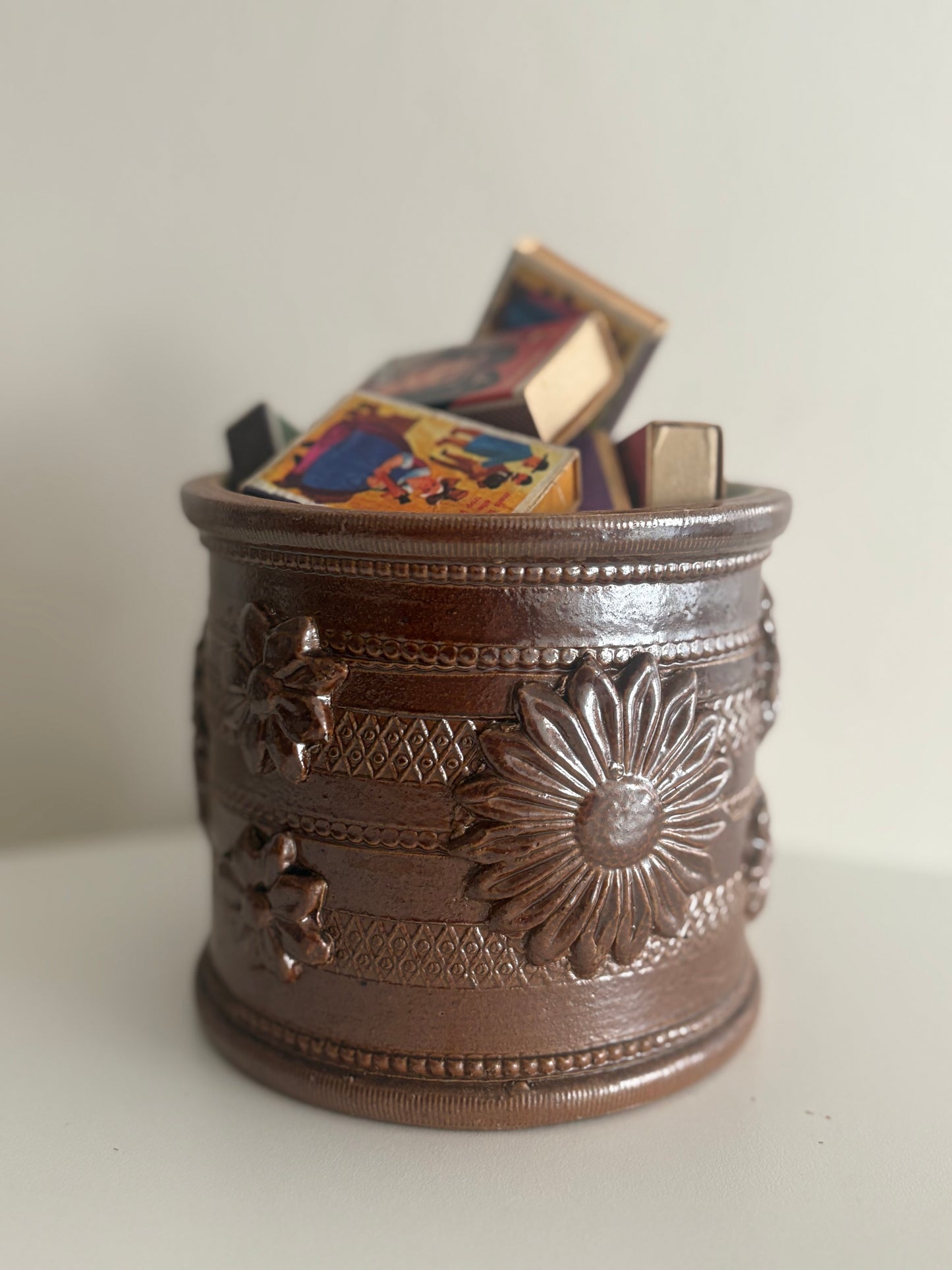 Antique French Salt Glazed Stoneware Tobacco Jar, Beauvaisis Grès Pot, Relief Daisy Decor