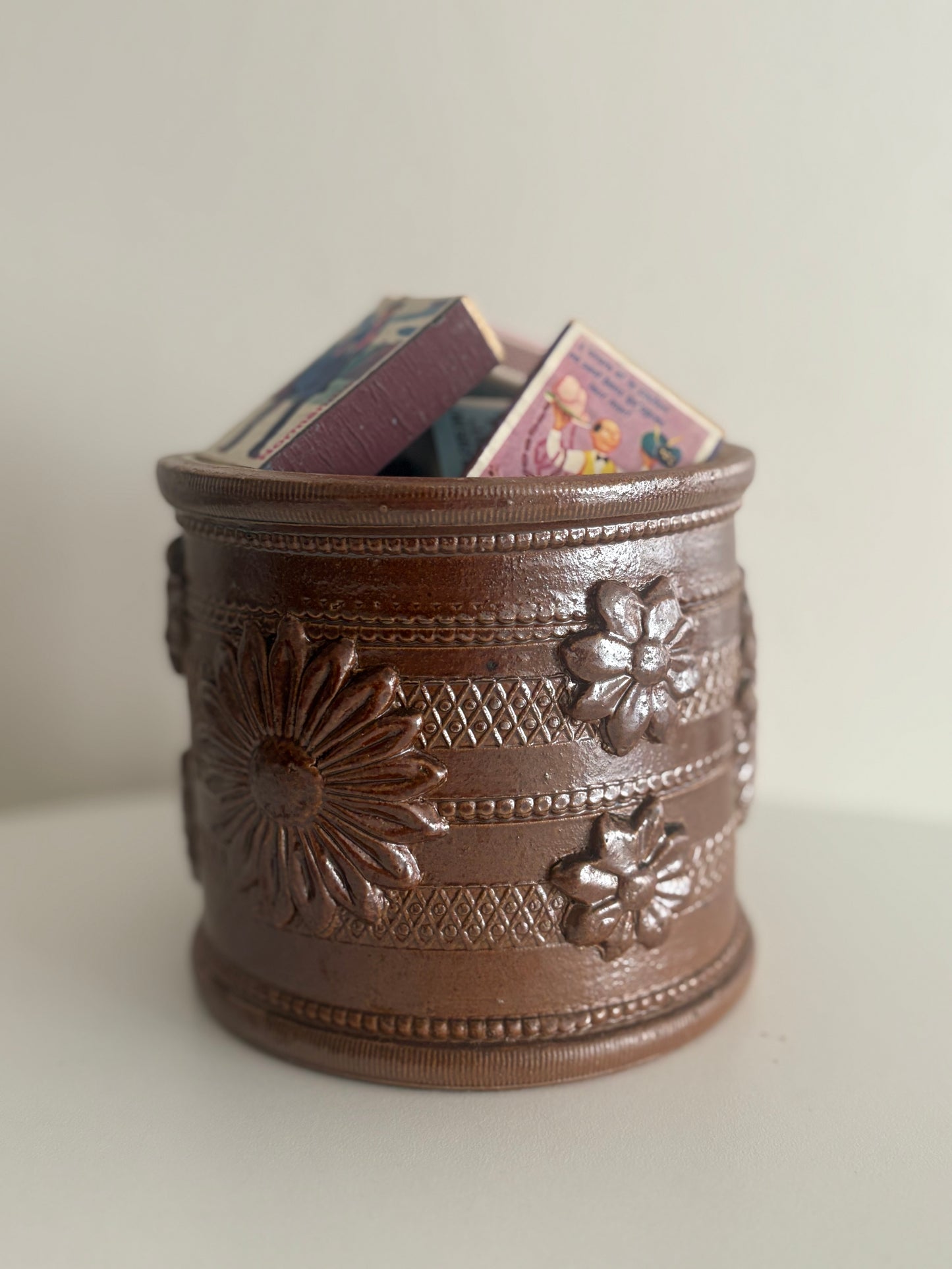 Antique French Salt Glazed Stoneware Tobacco Jar, Beauvaisis Grès Pot, Relief Daisy Decor