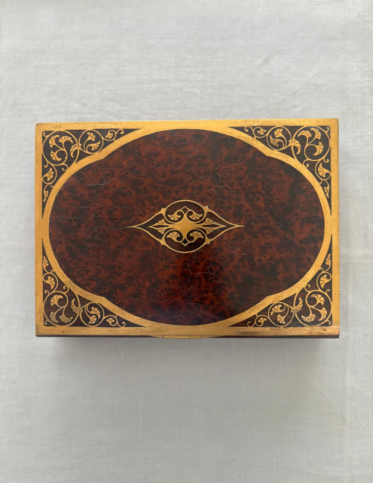 Burl Wood Box with Gilt Scrollwork Inlay