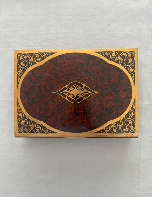 Burl Wood Box with Gilt Scrollwork Inlay
