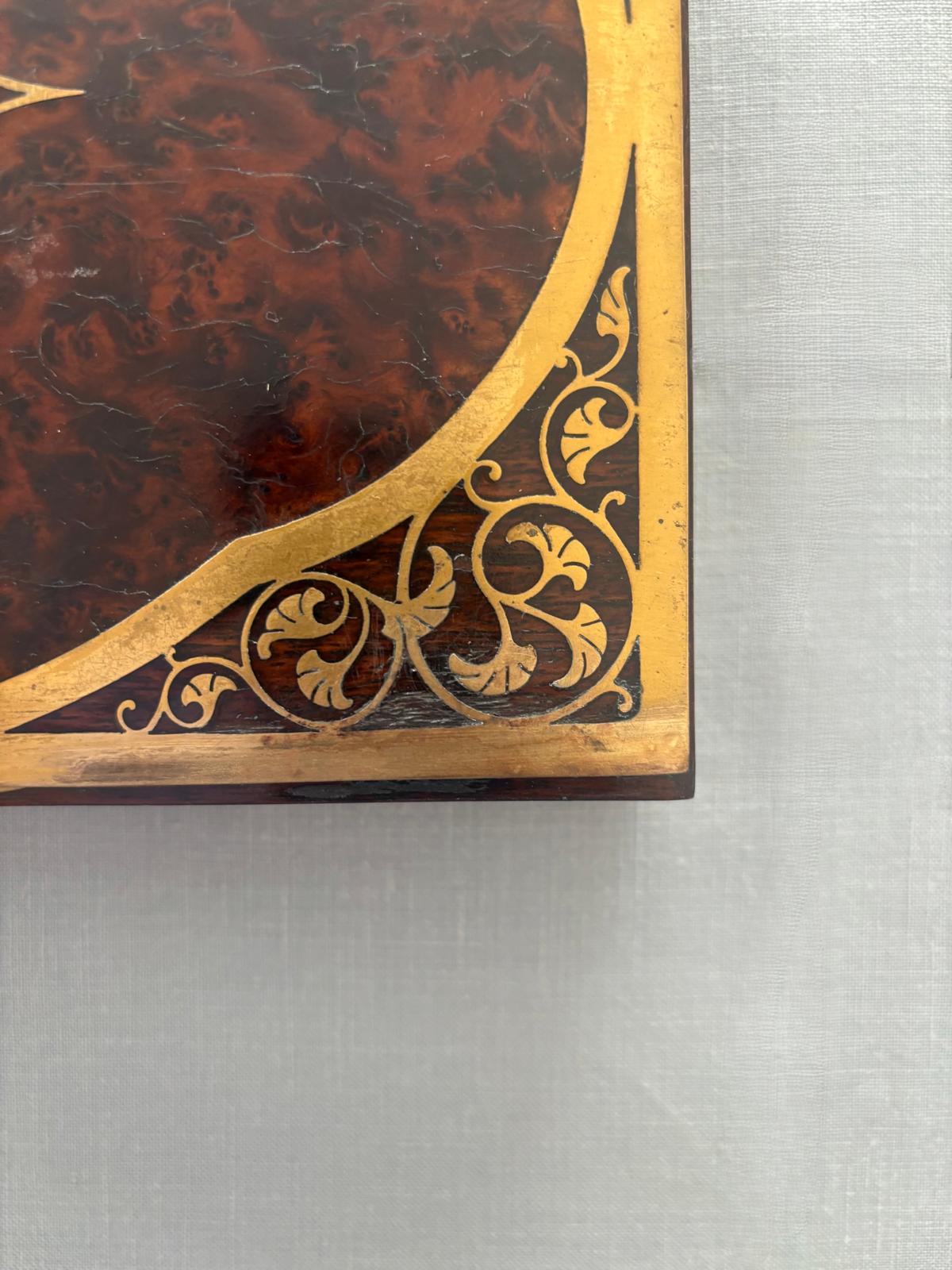 Burl Wood Box with Gilt Scrollwork Inlay