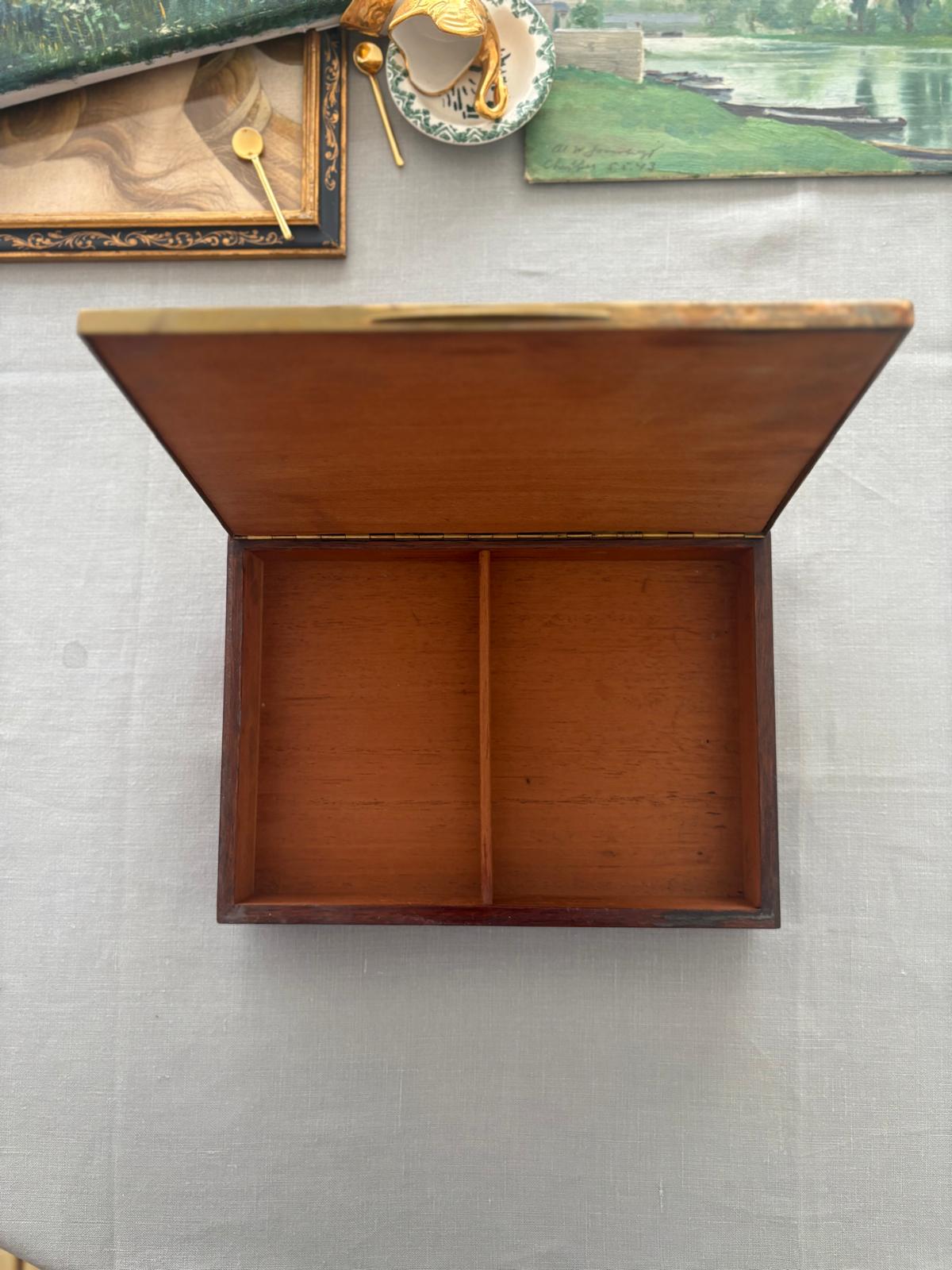 Burl Wood Box with Gilt Scrollwork Inlay