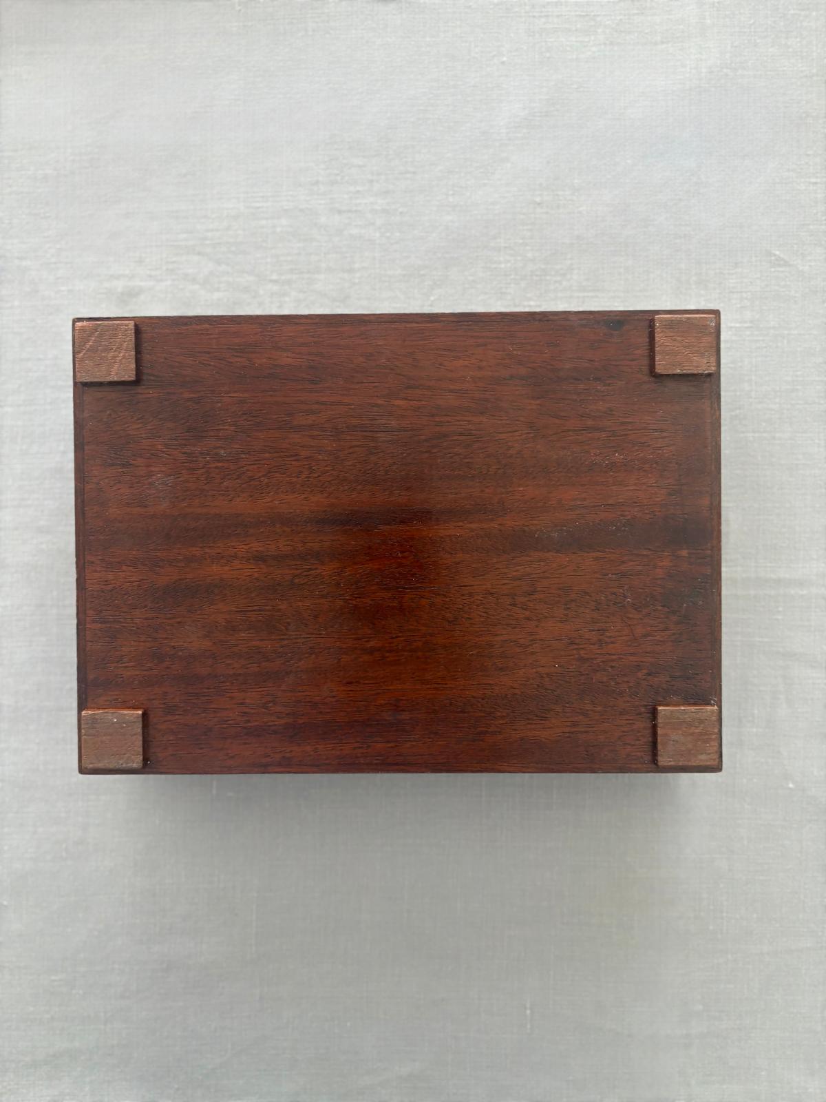 Burl Wood Box with Gilt Scrollwork Inlay