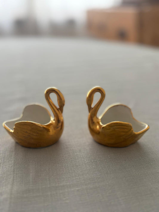 Porcelaine de Paris Gold Swan Salt Cellars with Spoons - Collector & Curator