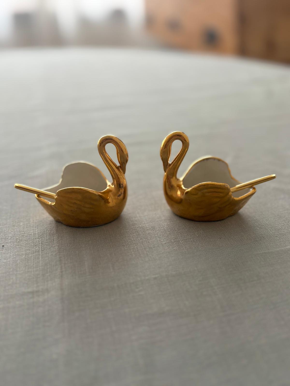 Porcelaine de Paris Gold Swan Salt Cellars with Spoons - Collector & Curator