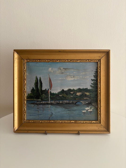 Framed Lakeside  with Swans & Hand Painted Decorative Breadboard
