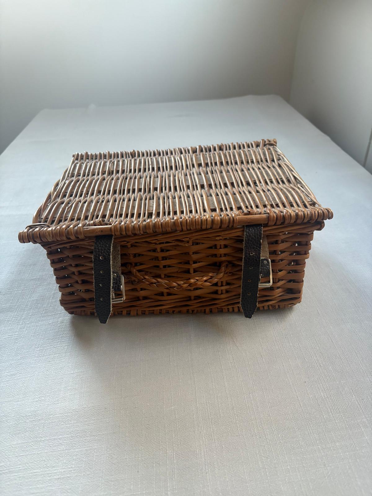 Vintage French Wicker Picnic Basket, Silver Plated Meat Fork, & Three glass wine bottles