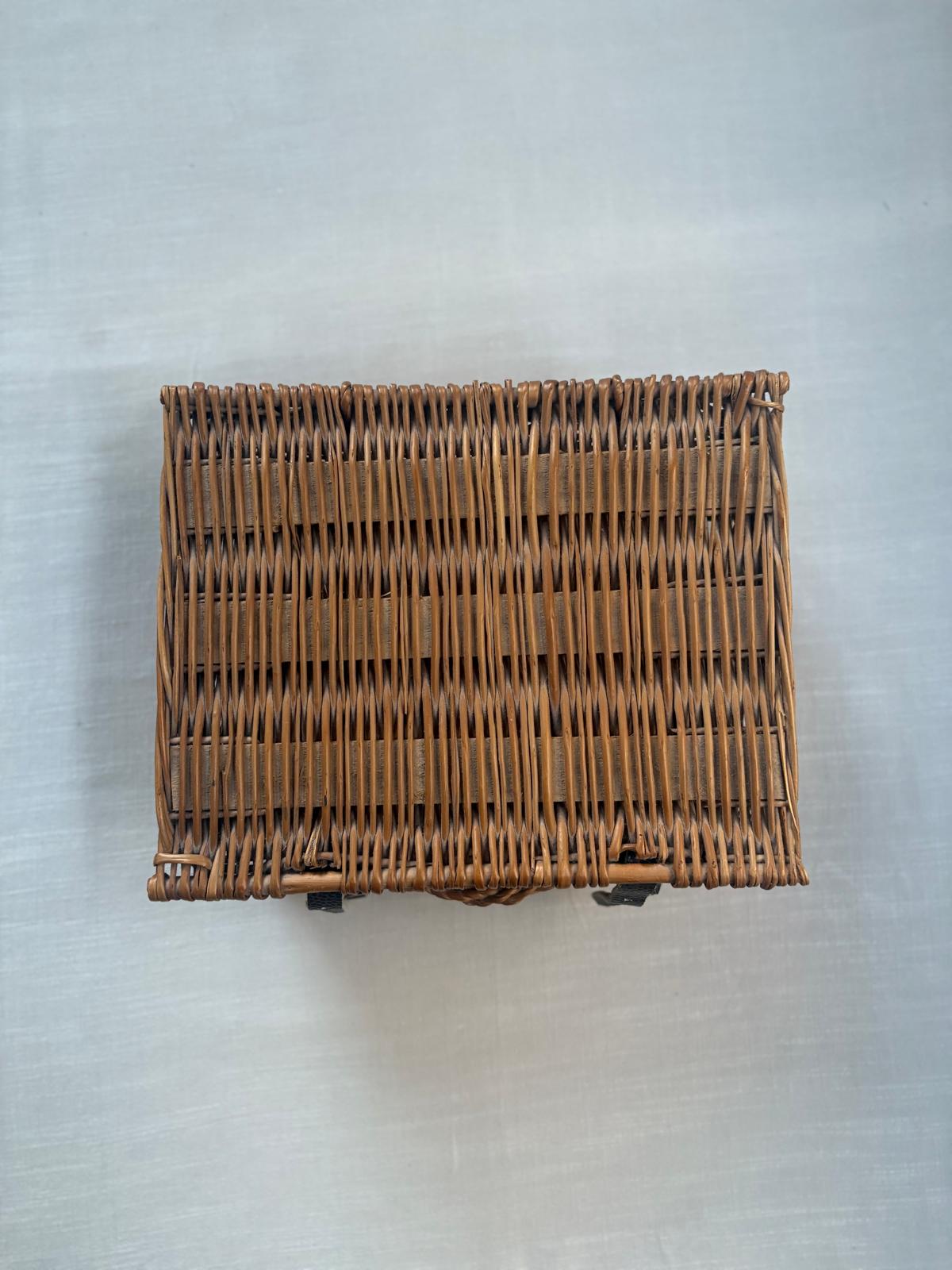 Vintage French Wicker Picnic Basket, Silver Plated Meat Fork, & Three glass wine bottles