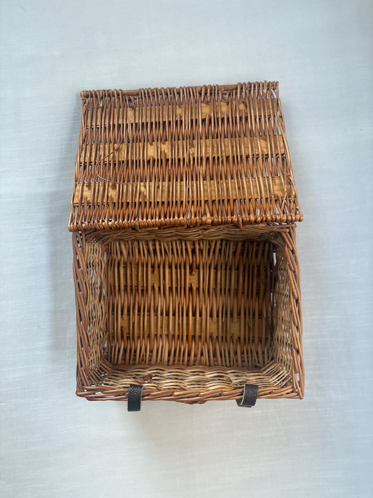 Vintage French Wicker Picnic Basket, Silver Plated Meat Fork, & Three glass wine bottles