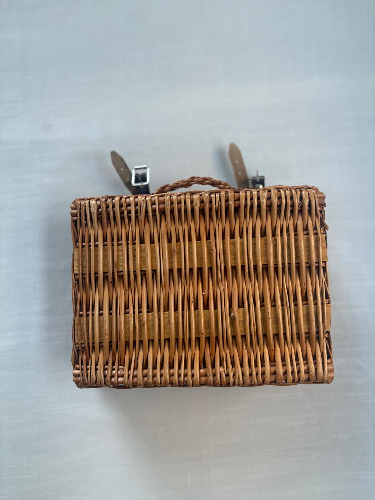 Vintage French Wicker Picnic Basket, Silver Plated Meat Fork, & Three glass wine bottles