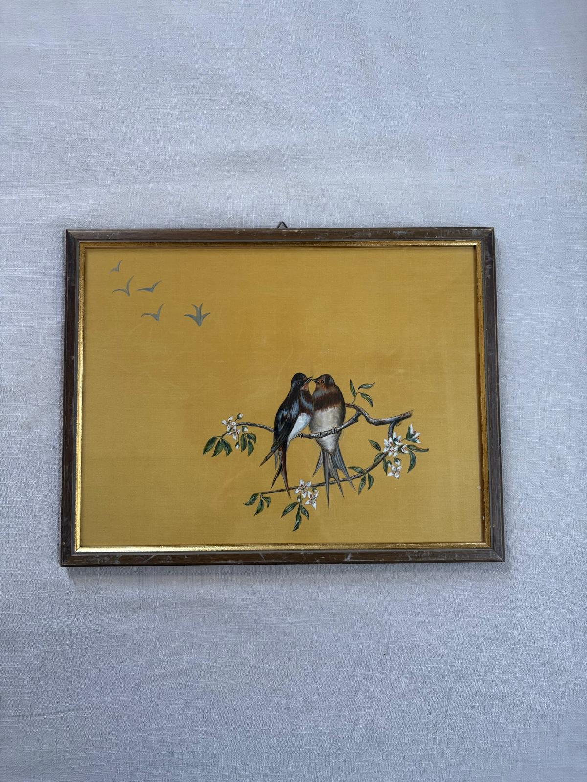 Hand-Painted Silk Panel with Swallows, Swiss-Framed Under Glass - Collector & Curator