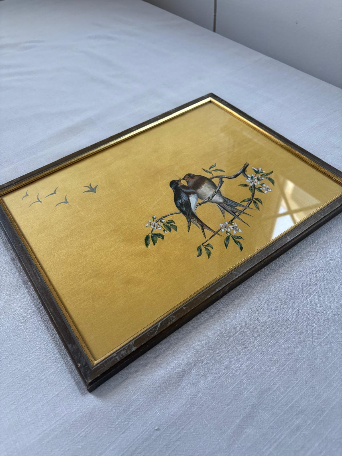 Hand-Painted Silk Panel with Swallows, Swiss-Framed Under Glass - Collector & Curator