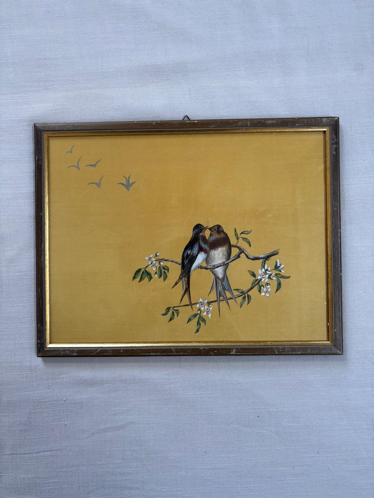 Hand-Painted Silk Panel with Swallows, Swiss-Framed Under Glass - Collector & Curator