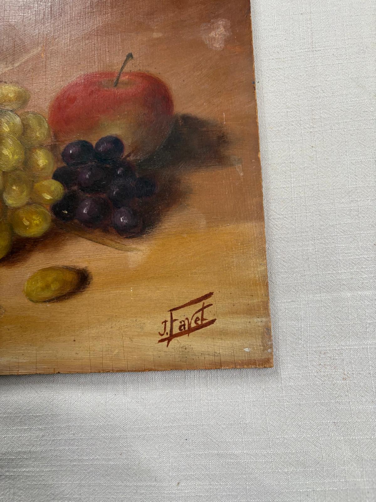 Fruit Still Life on Board signed J. Favet/ M. Gillis Roses & Panier (KK)