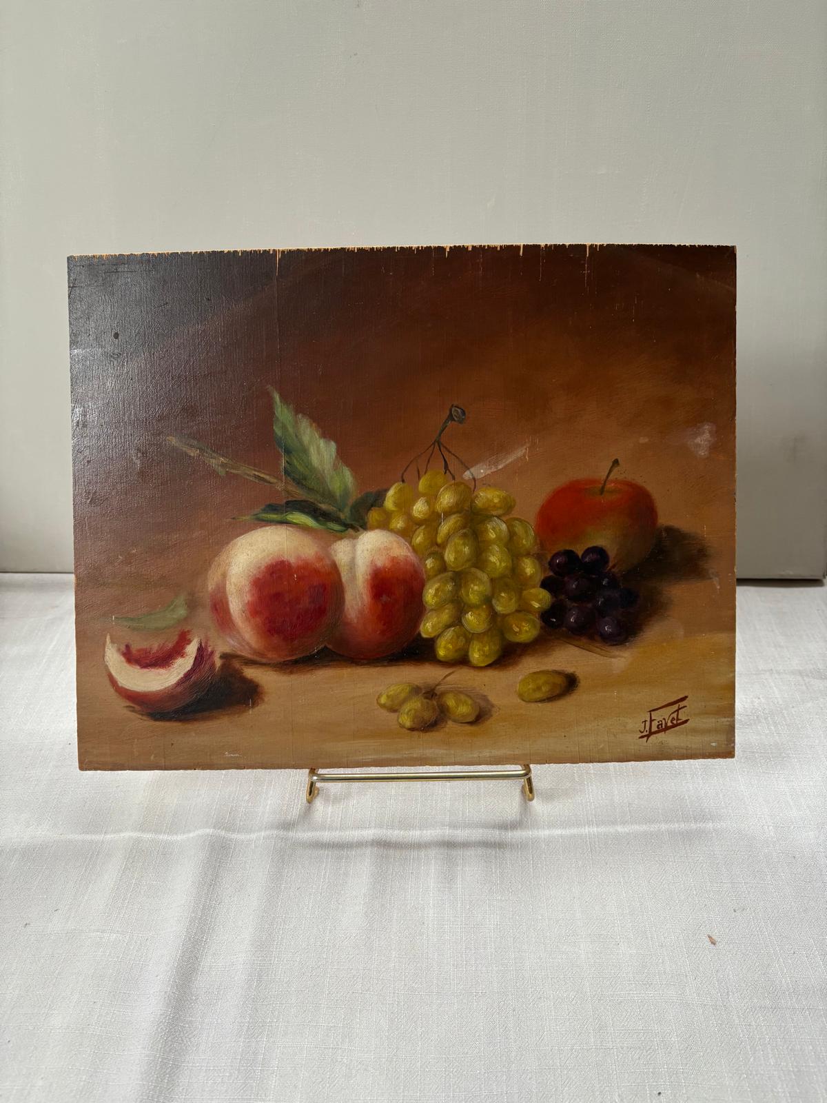 Fruit Still Life on Board signed J. Favet/ M. Gillis Roses & Panier (KK)