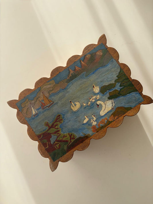 Wooden Sewing Box with Hand-Painted Swan Scene Lid, Lift-Out Compartments, France - Collector & Curator