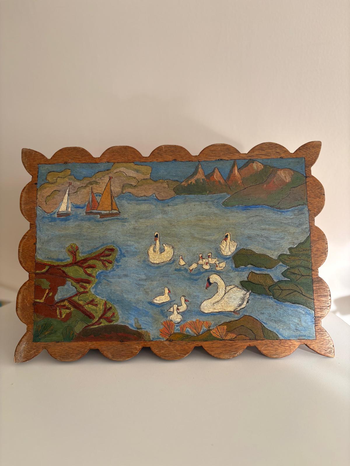 Wooden Sewing Box with Hand-Painted Swan Scene Lid, Lift-Out Compartments, France - Collector & Curator