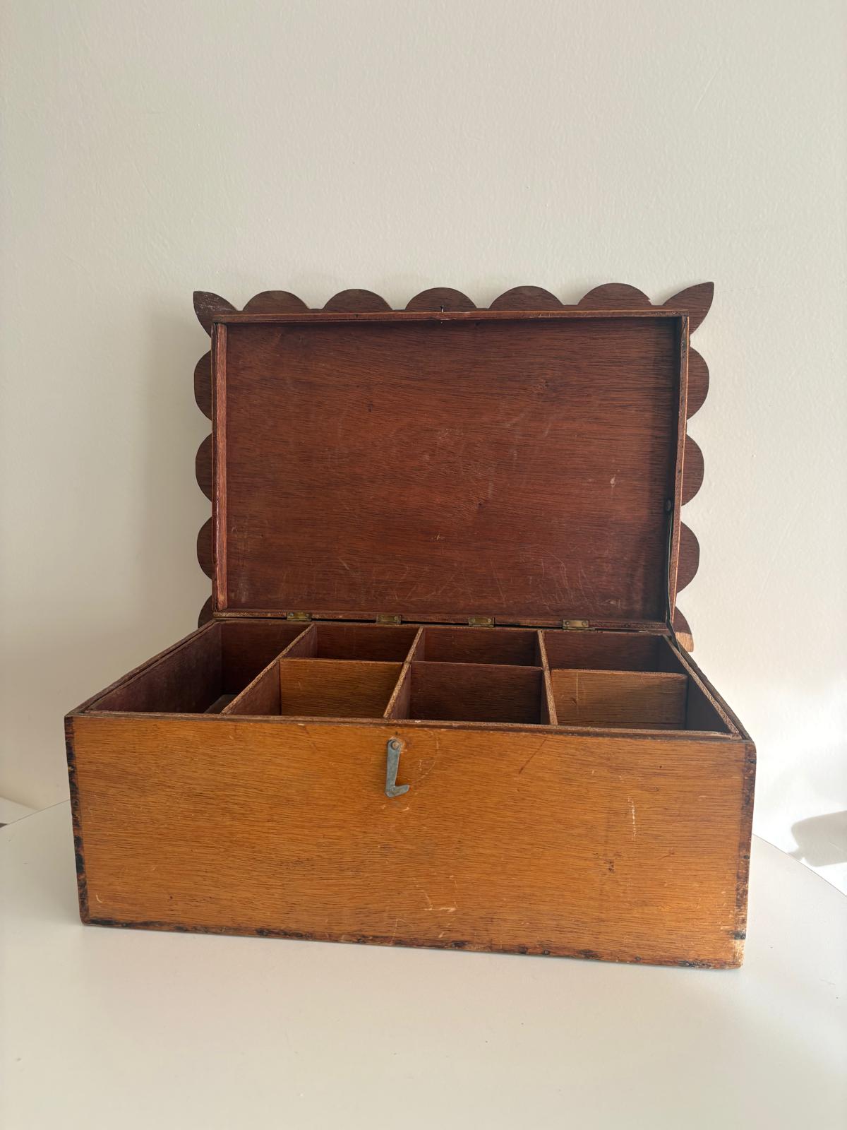Wooden Sewing Box with Hand-Painted Swan Scene Lid, Lift-Out Compartments, France - Collector & Curator