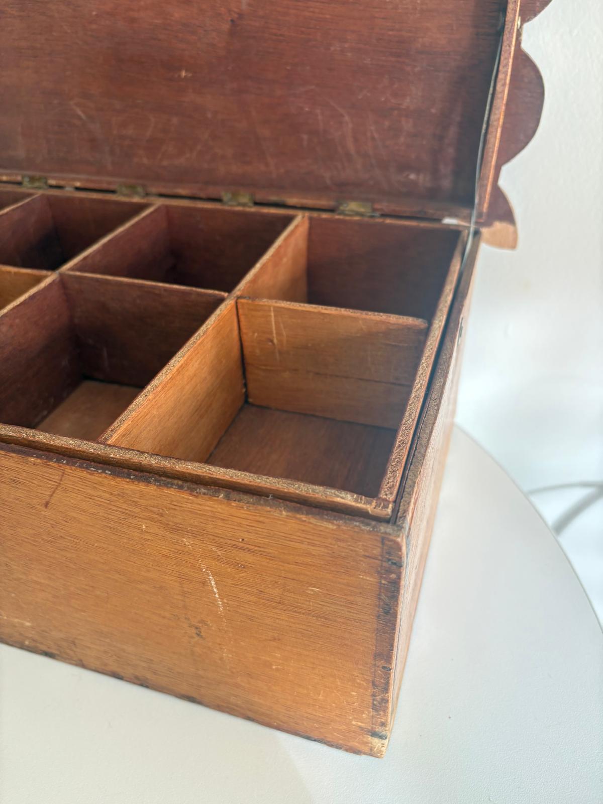 Wooden Sewing Box with Hand-Painted Swan Scene Lid, Lift-Out Compartments, France - Collector & Curator