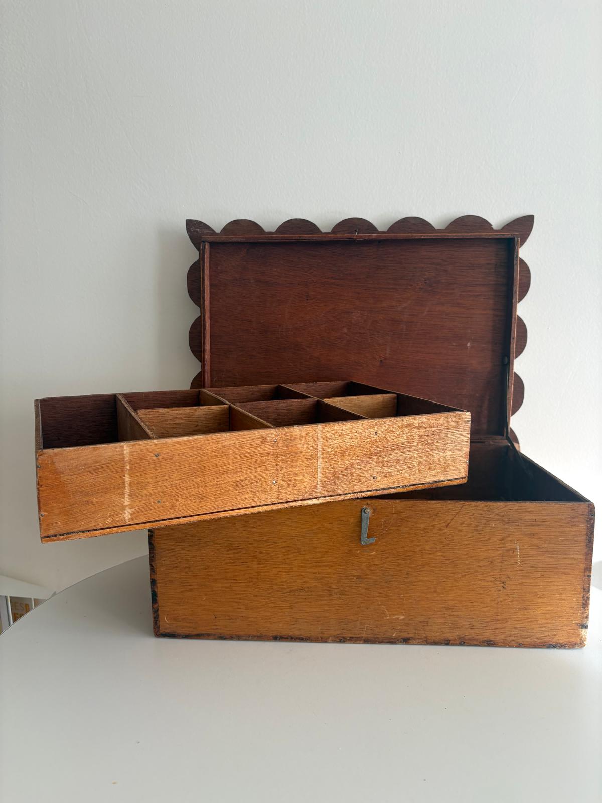 Wooden Sewing Box with Hand-Painted Swan Scene Lid, Lift-Out Compartments, France - Collector & Curator