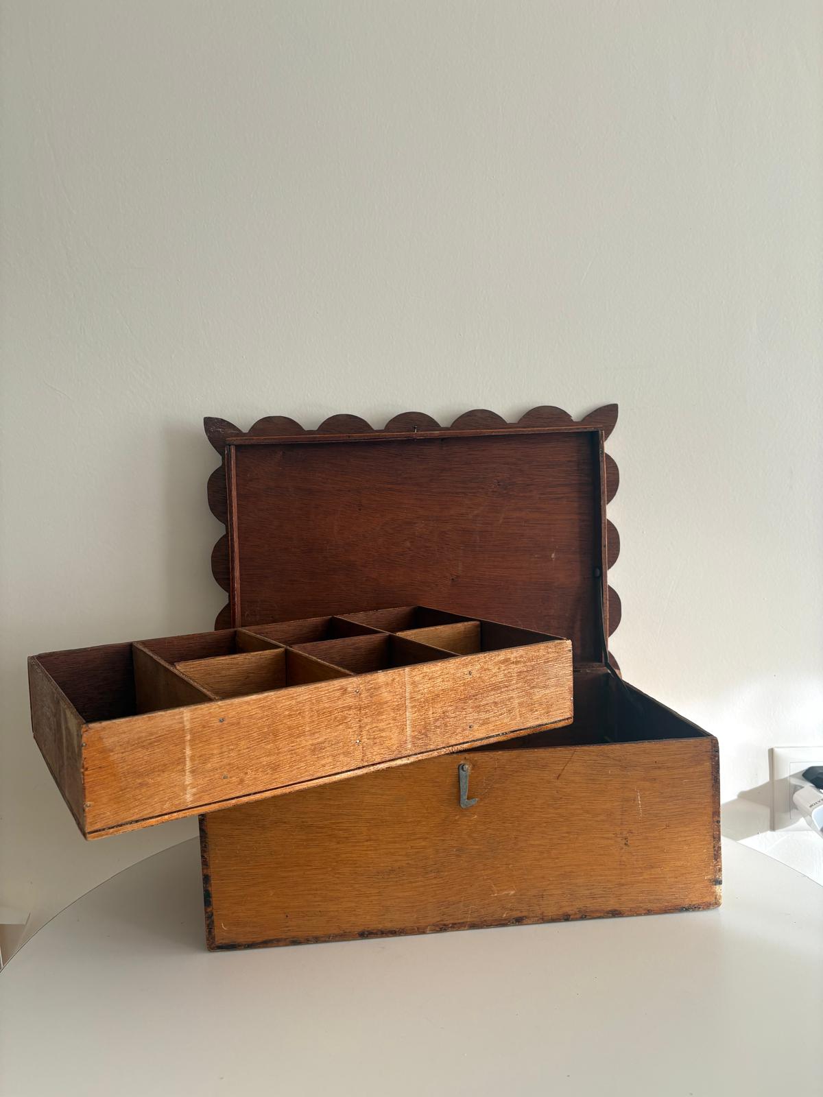 Wooden Sewing Box with Hand-Painted Swan Scene Lid, Lift-Out Compartments, France - Collector & Curator