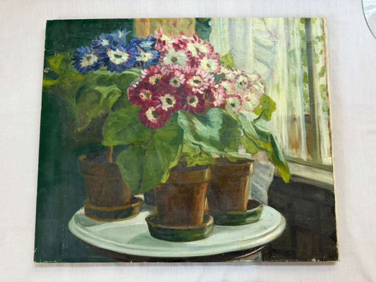 French Vintage Oil Painting Primrose Still Life - Collector & Curator