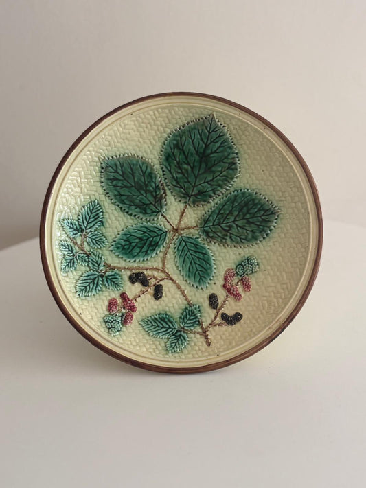 Antique French Majolica Footed  Plate with Blackberry - Collector & Curator