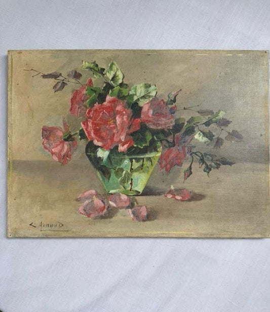 Roses Oil on Canvas, White Opaline Vase "E" - Collector & Curator
