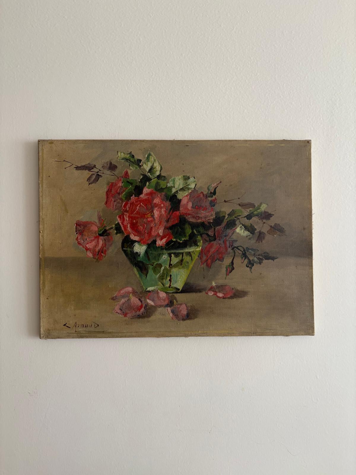 Roses Oil on Canvas, White Opaline Vase "E" - Collector & Curator