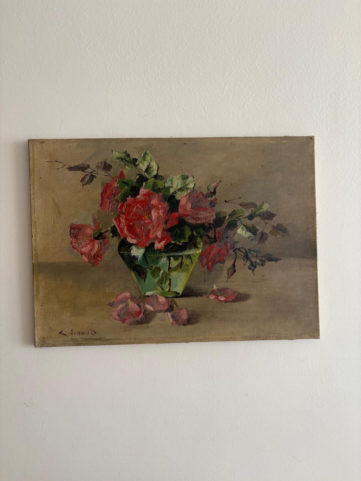 Roses Oil on Canvas, White Opaline Vase "E" - Collector & Curator